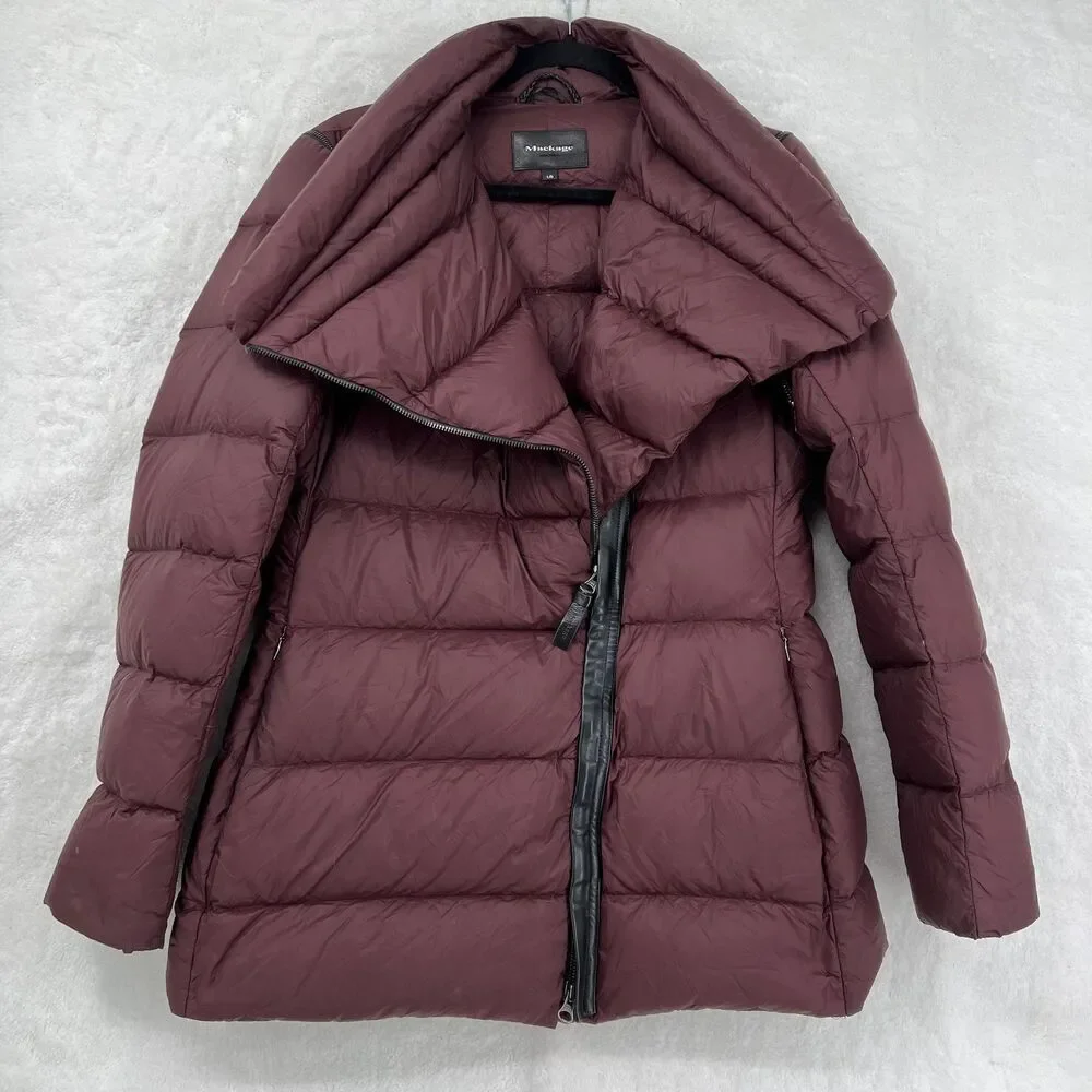 Mackage Down Puffer Coat Womens Large Burgundy Nylon Leather Trim Jacket - Picture 1 of 14